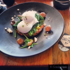 Quinoa Fritter with Poached Eggs, Avocado, Mushrooms, Candied Walnuts and Yarra Valley Feta
