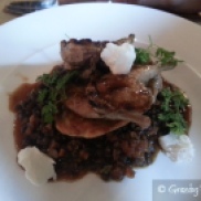 Grilled Par Boned Quail, Braised Organic French Style Lentils, Istra Chorizo, Cauliflower Fitter, Holy Goat Fromage Frais, Chervil