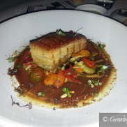 slow cooked otway ranges pork belly with peppers, capers + raisins, sauce ‘agrodolce