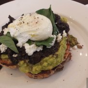 Smashed avocado w thyme buttered mushrooms, marinated feta and torn basil on wholegrain toast