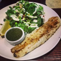 Superfood Salad - Qunioa, Broccoli, Rocket, Spinach, Semi Dried Tomatoes, Peats, Mint, Toasted Pumpkin, Sunflower & Sesame Seeds finished with a drizzle of yoghurt lemon dressing with Grilled Fish