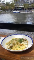 Sphaghetti, Prawns, Clams, Chilli and Black Bean Pangrattato with a view